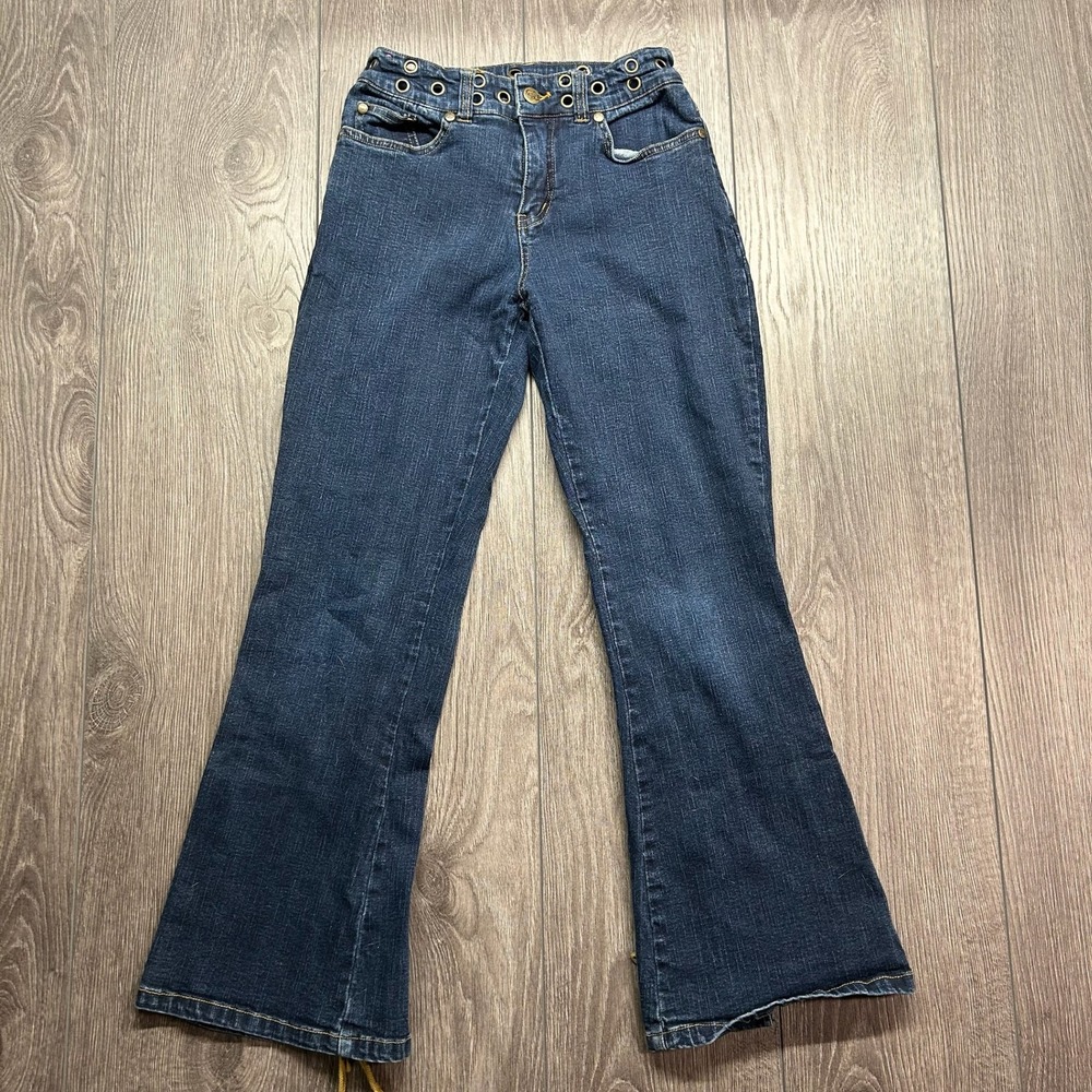 Charm Girl Y2K Flare Jeans 25 Dark Wash Grommet Waist Lace Up Hem Blue Size 10